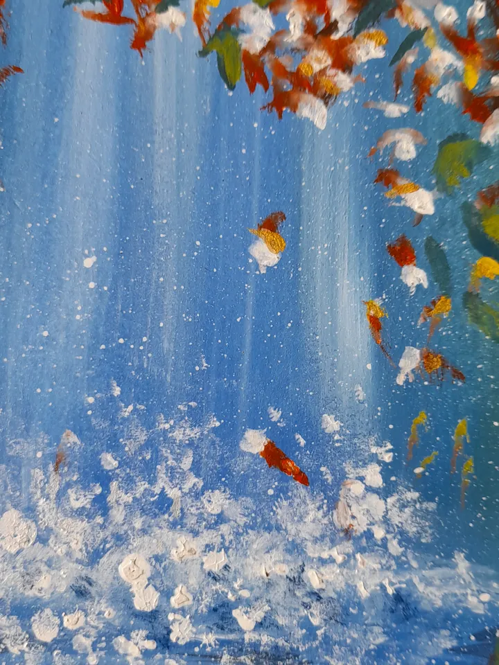 The oil painting "Flowers and Waterfall"