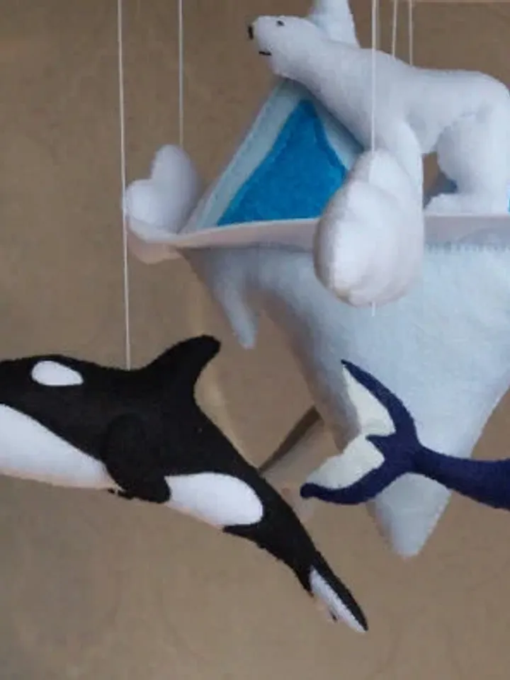 Ocean whales mobile, narwhal and orca whale, crib toy for ocean nursery