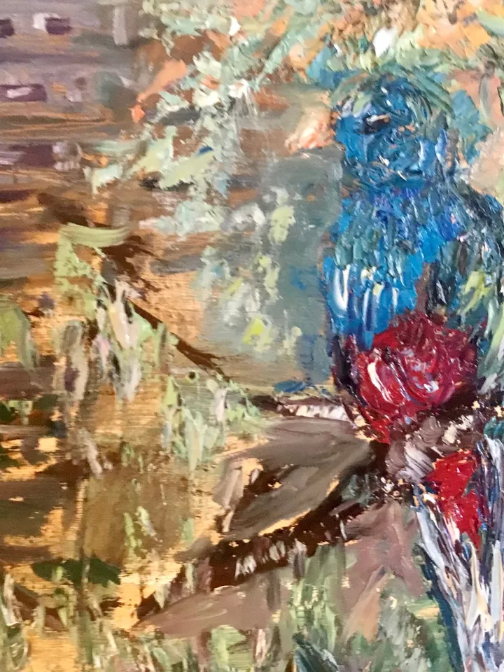 A couple of quetzal birds,mayan pyramid on the background, colourful impasto oil painting on stretched canvas ,wall art,couple love gift