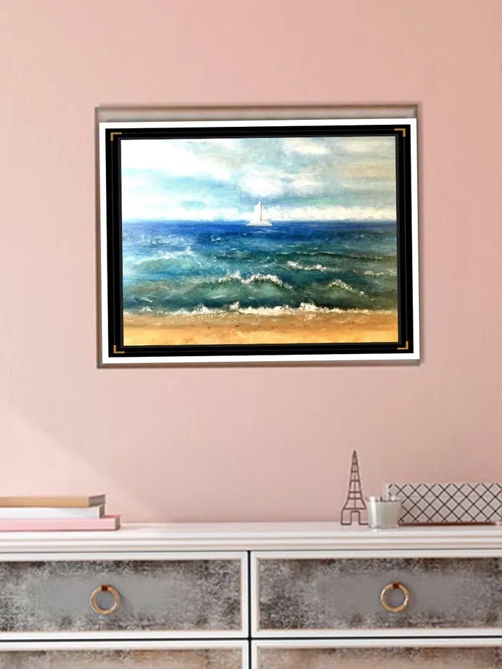 Seascape with a boat painting,Baltic sea and a beach,oil painting,stretched canvas.