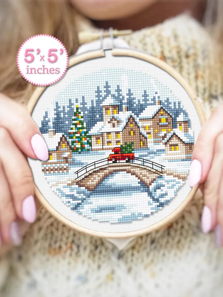 Christmas village cross stitch pattern PDF download Winter landscape cross stitch chart, Christmas pattern digital PDF, Snow landscape #N183