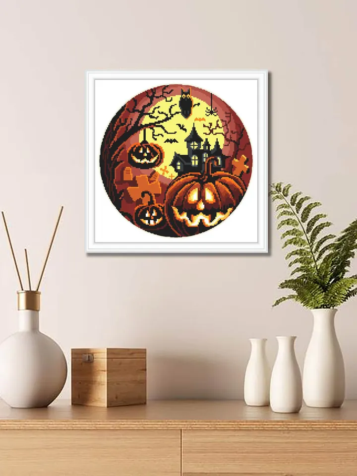 Halloween cross stitch pattern download PDF Spooky cross stitch Halloween moon stitch chart Happy Halloween Magic castle beginner stitch #H1