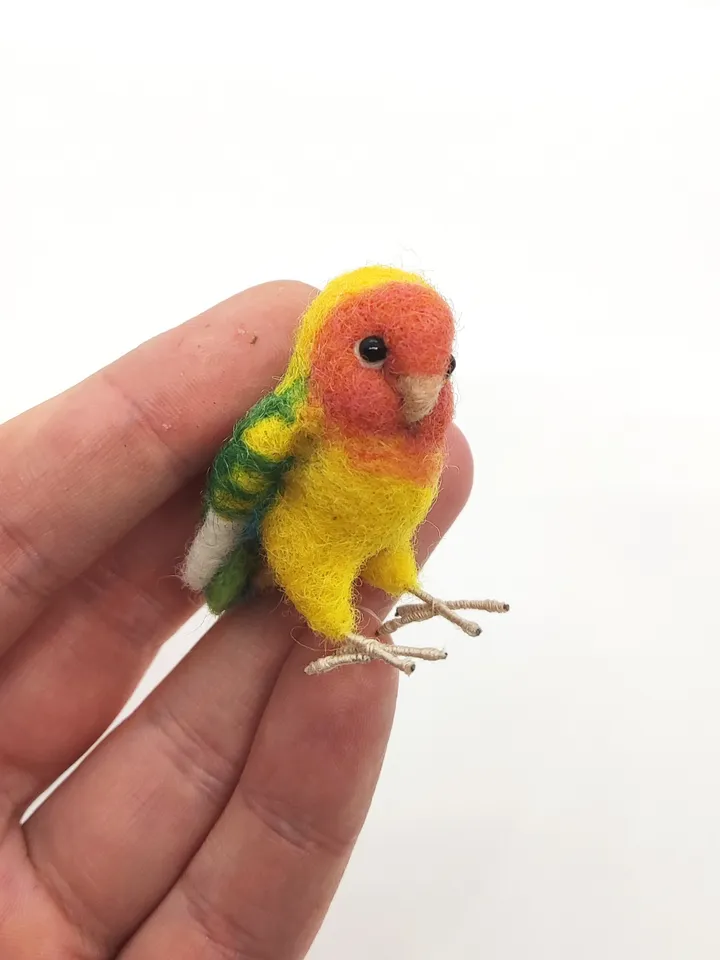 Miniature needle felted lovebird, tiny parakeet, pet portrait, peach faced lovebird, made to order