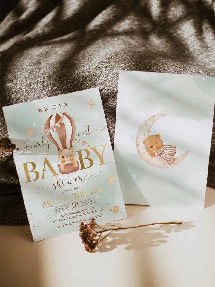 Editable Bearly Wait Baby Shower Invitation Hot Air Ballons Bear Baby Shower Neutral Boho Berly Baby Shower Template