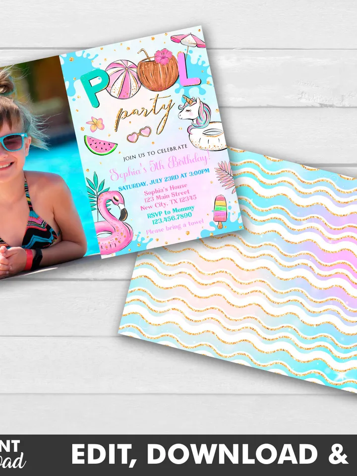 Pool Party Invitation Girl with Photo, Pool Party Unicorn Invitation Instant Download, Swimming Party Invite, Editable Template