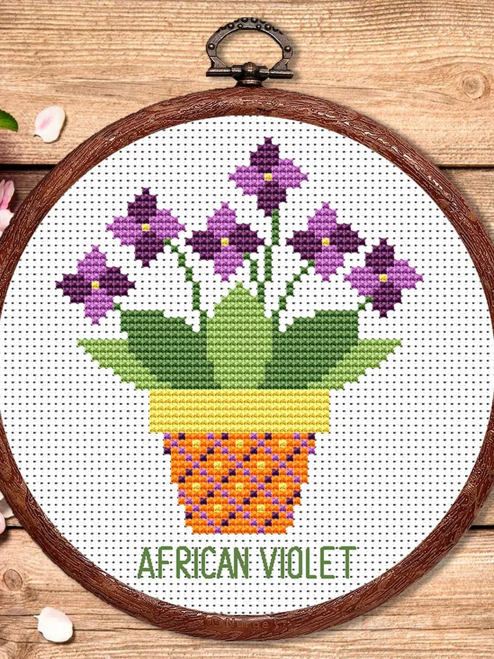African Violet Cross Stitch Pattern, Flower Cross Stitch Pattern, Embroidery African Violet, Flowers xStitch, Potted Flowers xStitch #flw003