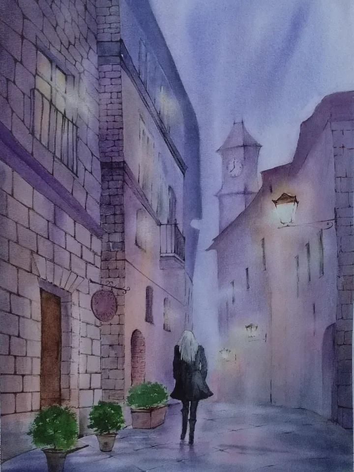 Original Watercolor Painting Urban Landscape Art Rainy Morning Street Artwork 30x40 Old Town Picture by SoftWaves