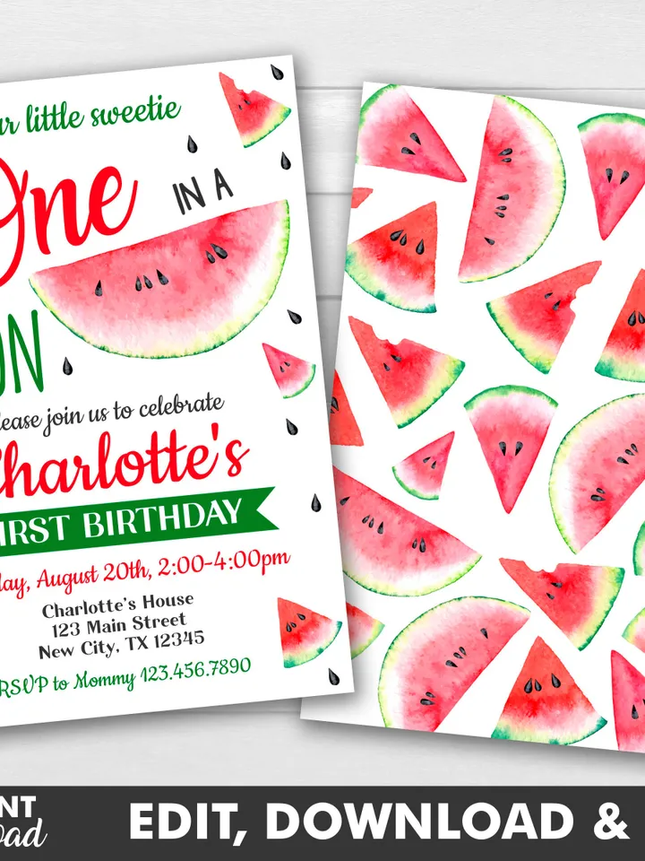 One in a melon invitation, Watermelon Birthday Invitation, 1st Birthday invitation Instand Download, Editable Template