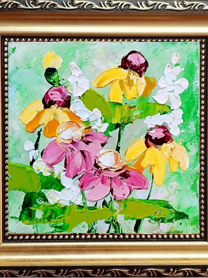 Rudbeckia painting Pink Daisies Impasto Original Painting Flowers OIl Artwork Meadow Wall Art Decor Gifts for Her by ArtProkopaloSv