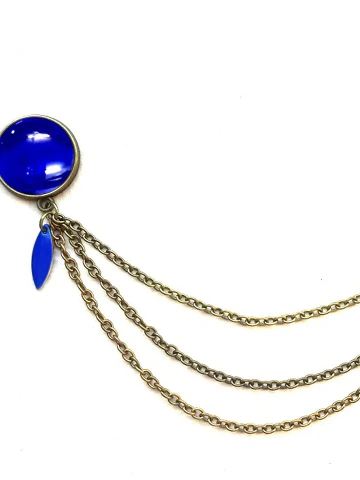 Royal Blue Brooch, Blue Collar Pin with chain and charm