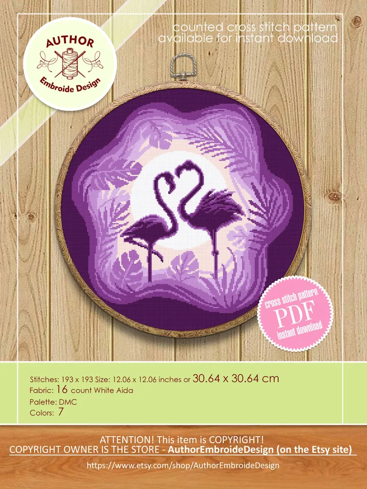 Flamingo cross stitch pattern download PDF, Purple cross stitch birds, Cute flamingo hand embroidery PDF, Tropical leaves cross stitch #L49