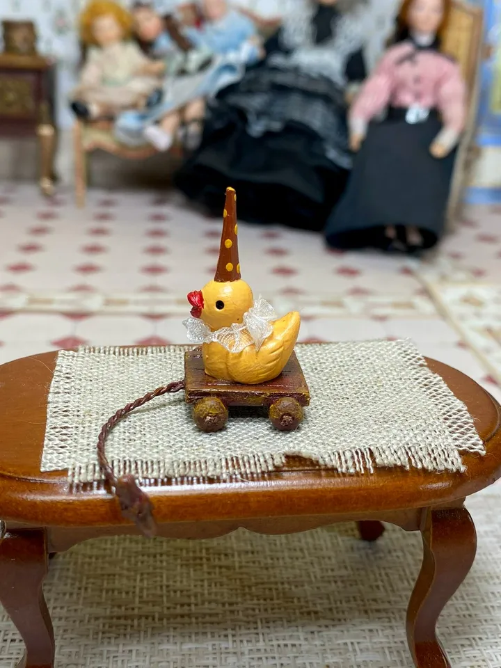 Mini duck on a cart. Vintage toy for a doll. 1:12. Dollhouse miniature. Handmade.