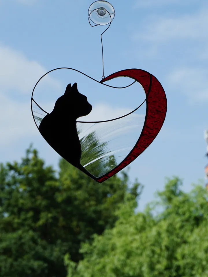 Black Cat in Red Heart . Art stained glass window hanging Suncatcher . Gift for animal lover , pet loss memorial
