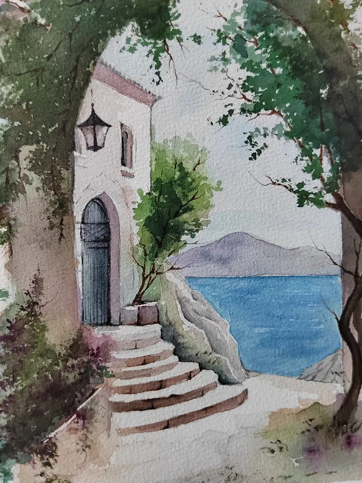 Greek Landscape Artwork Original Watercolor Painting Arch & Grape Vine 8.27x11.42 in by Art Café