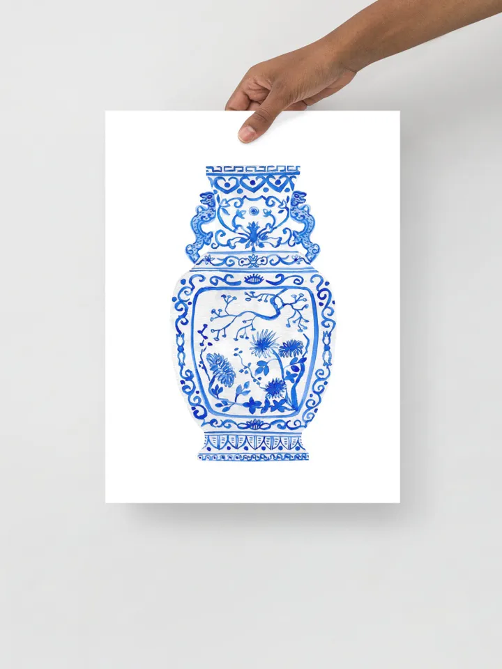 Blue And White Ginger Jar Vase Set Of 3  Watercolor Rabbit Asian Art Gift For Her Chinese Porcelain Vase Prints Classic  Porcelain Art Print