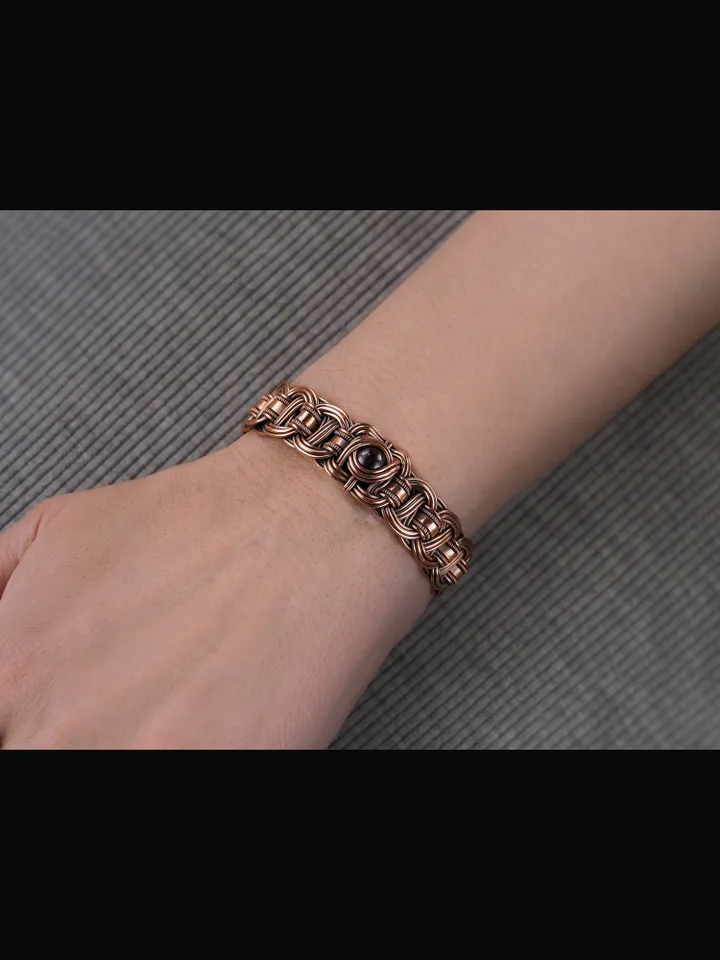 Copper wire wrapped garnet bracelet Unique bangle 7th Wedding Anniversary