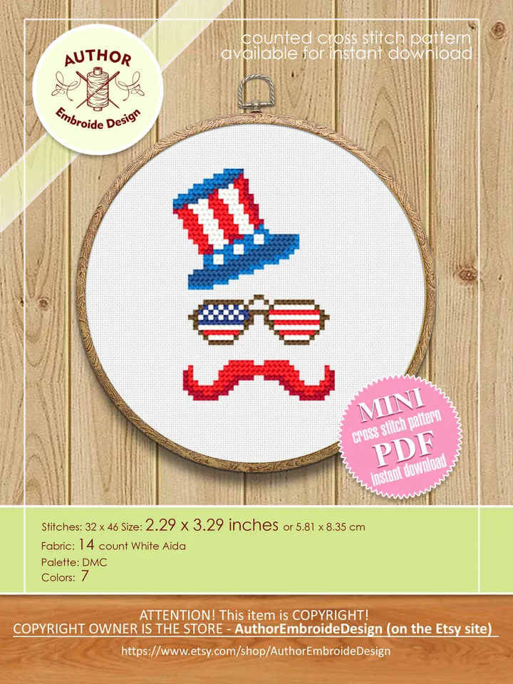 USA hat cross stitch pattern PDF download Independence Day 4th of July, Patriotic cross stitch chart, Uncle Sam Hat Mini cross stitch #T19