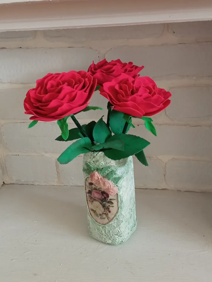 Selling Title: Elegant Composition of 3 Red Roses in a Vase - Completely handmade. Gift for her