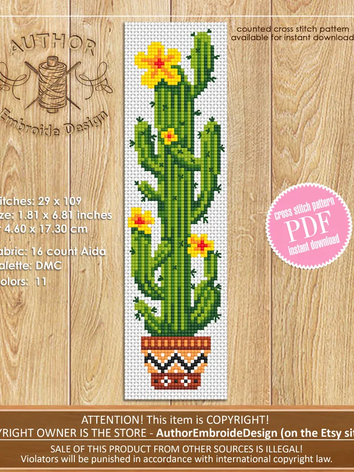 Cactus bookmark cross stitch pattern PDF download Blooming cactus cross stitch chart, Floral bookmark pattern digital, Saguaro cactus #B333