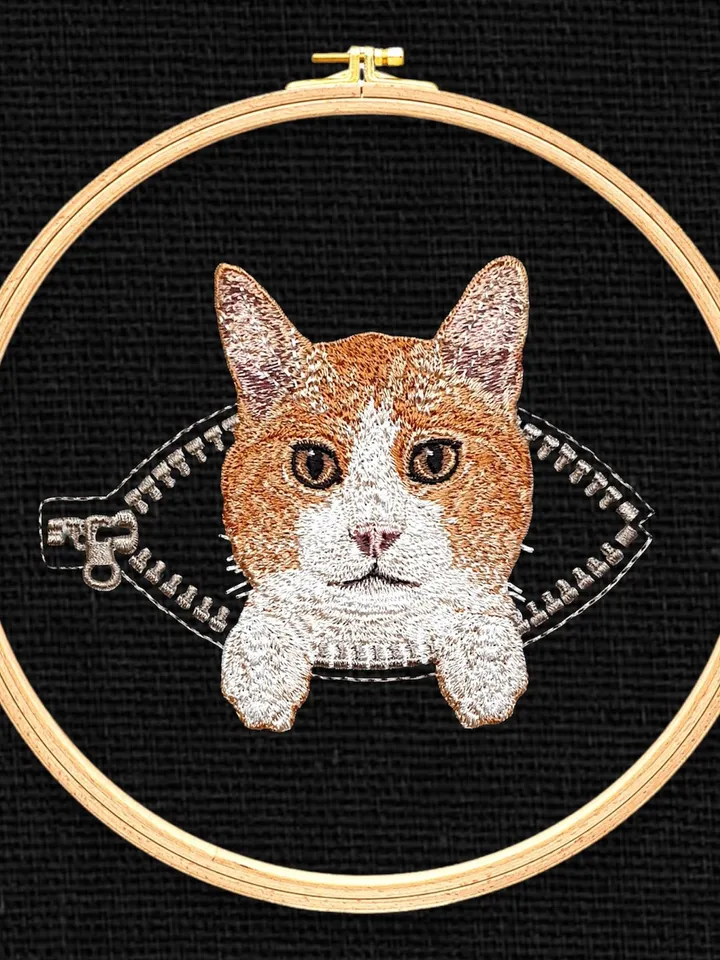 Red cat in a zipper pocket Miniature realistic machine embroidery design Pet design cat realistic pattern kitty embroidery motif
