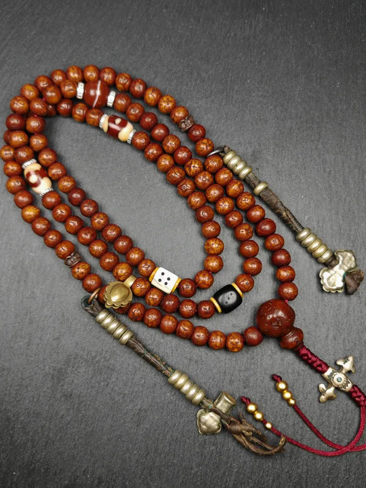 Gandhanra Old Tibetan Mala,Authentic 10mm 108 Kirin Eyes Bodhi Seed Prayer Beads - Handcrafted Tibetan Rosary with Unique Mix of Treasures