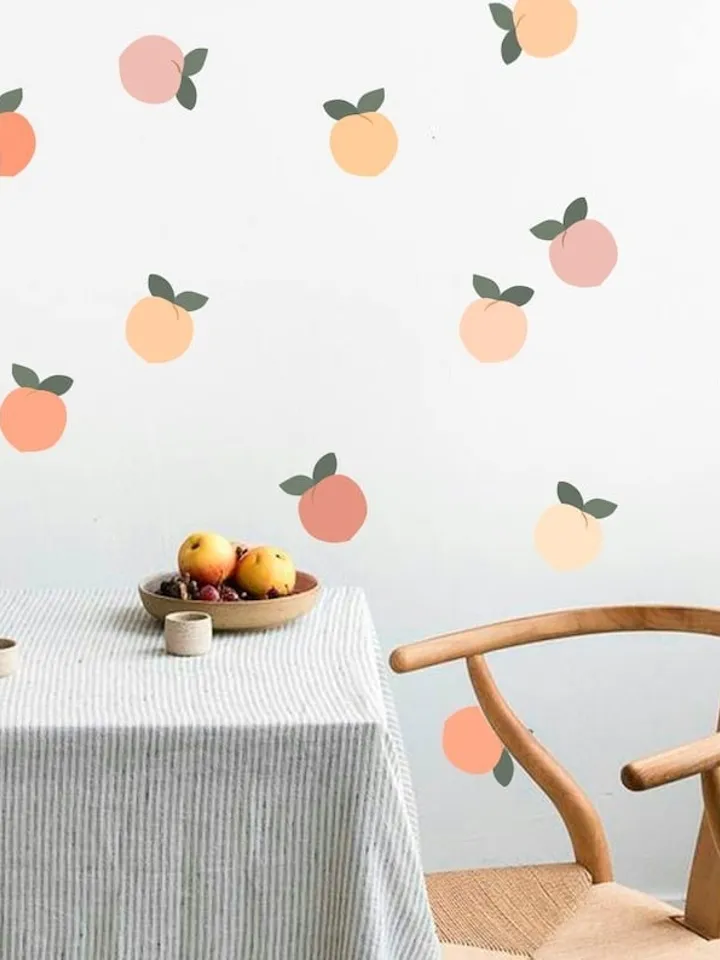 Peaches Wall Decals - Hand Drawn Peach Decal, Leaves Sticker, Kitchen Wall Sticker, Laundry Decals, Kids Decals h41