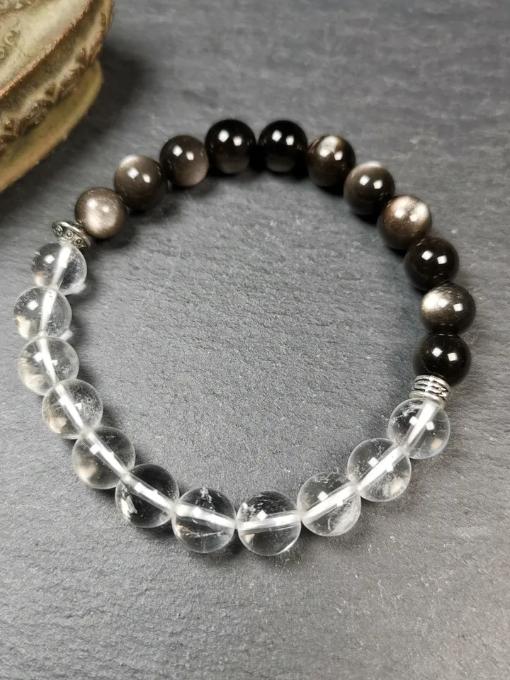 Gandhanra Handmade Tibetan Obsidian + Crystal Wrist Mala, 0.3" Prayer Beads Bracelet,7.5 inches Circumference