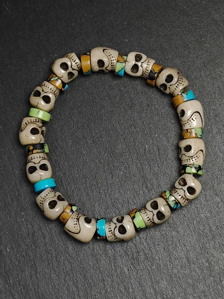 Authentic Tibetan Citipati Skulls Bead Bracelet | Unique Yak bone Carved Wrist Mala with Mixed Turquoise,Gandhanra Tibetan Jewelry