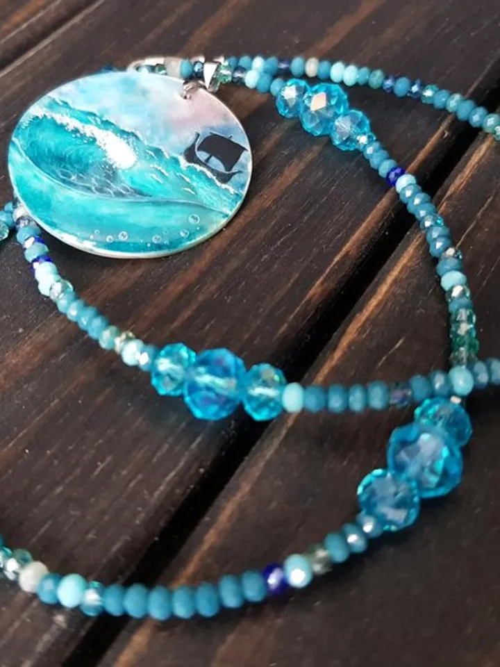 Wave necklace with viking ship, sea wave miniature painting on pearl pendant