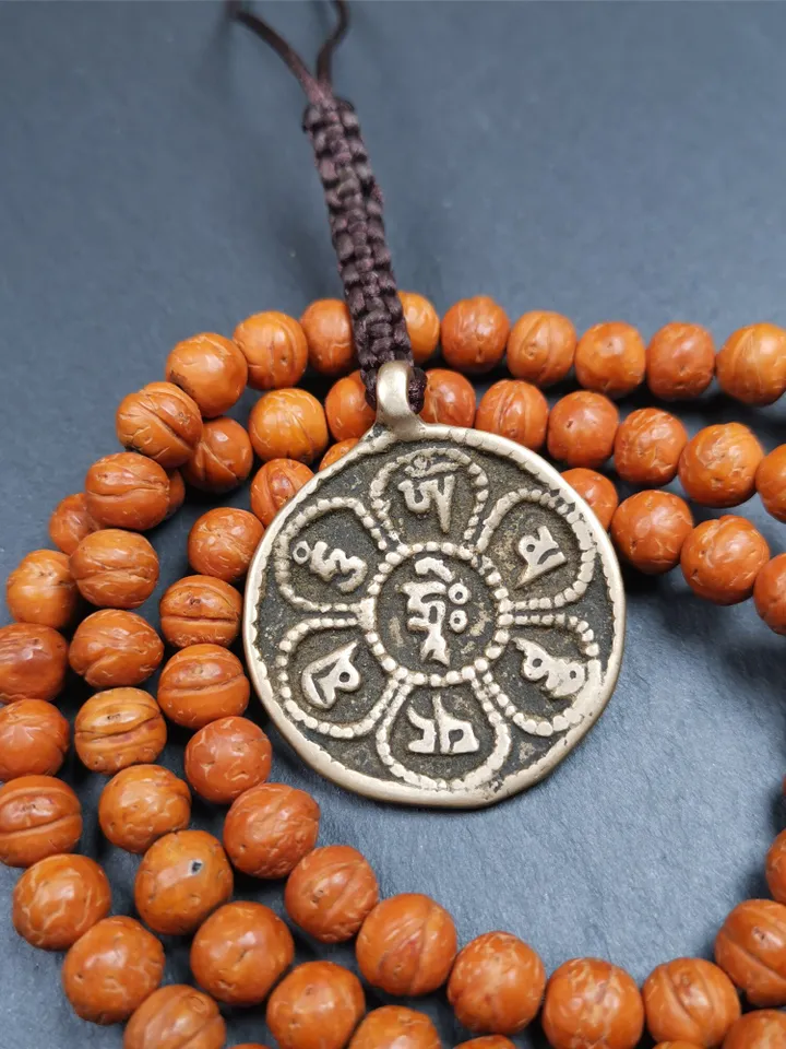 Gandhanra Handmade Tibetan Buddhist Amulet,Om Badge Pendant, Mantra of Om Mani Padme Hum, Made of Brass,1.38"