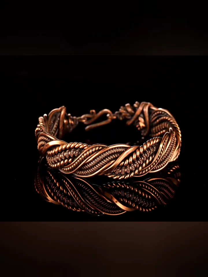 Wire wrapped bracelet, Unique 7th 22nd Anniversary gift idea, Art Nouveau antique style, One of kind braided statement bangle, Handmade oxidized pure copper jewelry, Pain relief, EMF protection