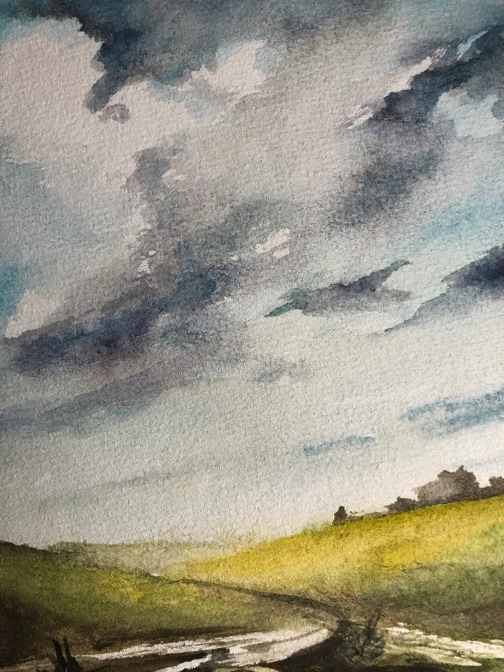 Clouds over the fields landscape original watercolour painting wall art hand painted
