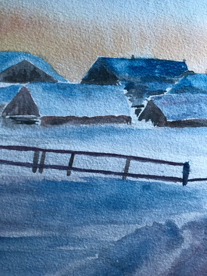 Winter village original watercolour painting