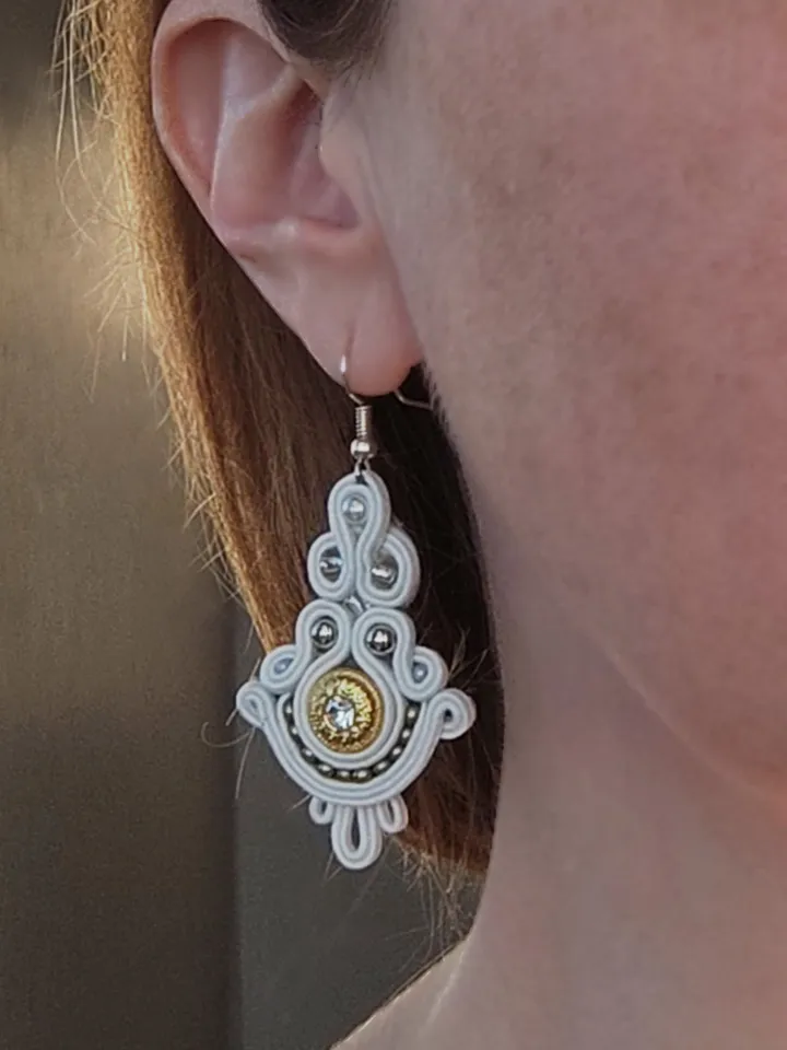 Wedding Earrings, White and Gold Earrings, Bridal jewelry, soutache embroidery