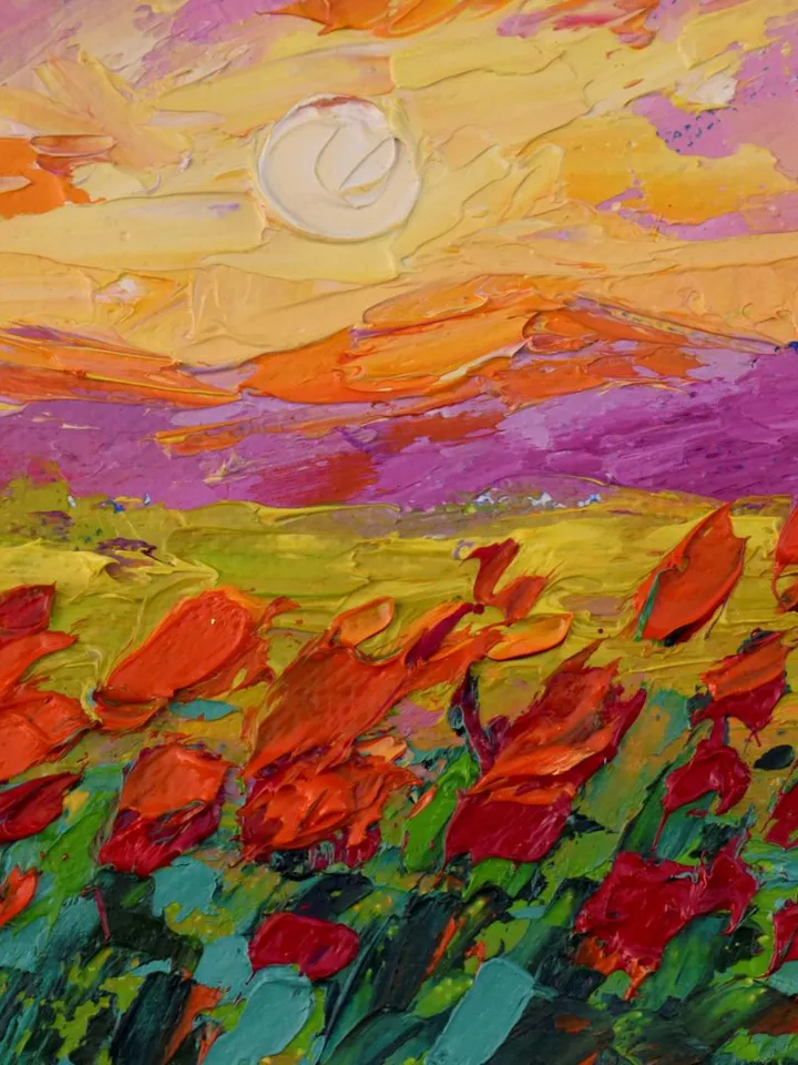 Tuscany art Sunset painting Poppy original art landscape artwork 6 by 6 in Mountain small art by Juliya JC