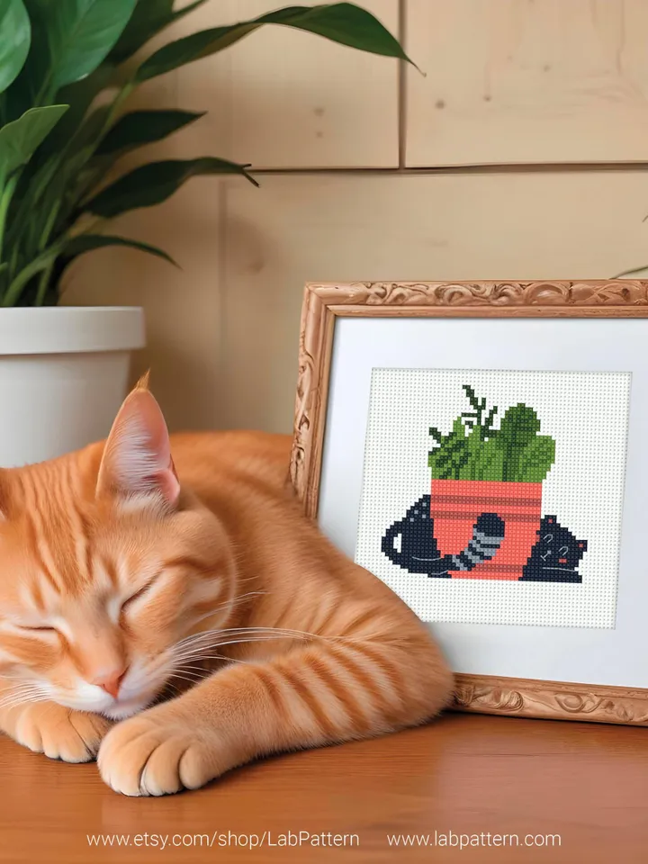 Mini cats with Plants set 3 Cross stitch patterns, contemporary, Floral, animals, beginner, modern chart, gift DIY, embroidery, Digital PDF