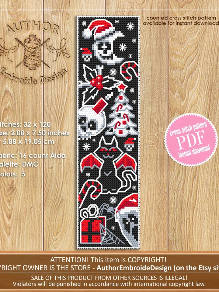 Spooky bookmark cross stitch pattern download PDF Gothic Christmas cross stitch chart Handmade bookmark pattern digital Gothic ornament #B73