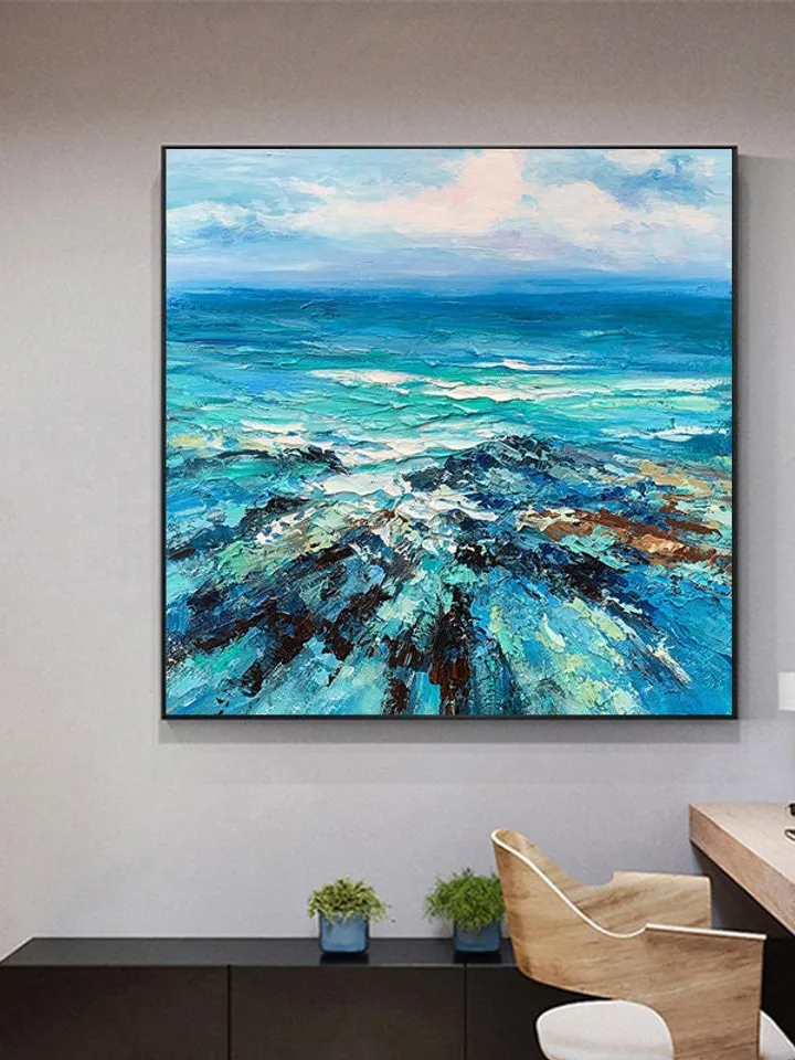 Blue Mediterranean Sea Landscape Oil Painting on Canvas, Abstract Crystal-clear Ocean Acrylic Painting, Large Heavy Textured Wall Art Decor