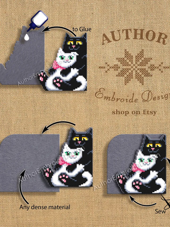Сat couple Corner bookmark cross stitch pattern PDF download Сats in love cross stitch chart, Cat bookmark digital PDF, Valentine gift #B394