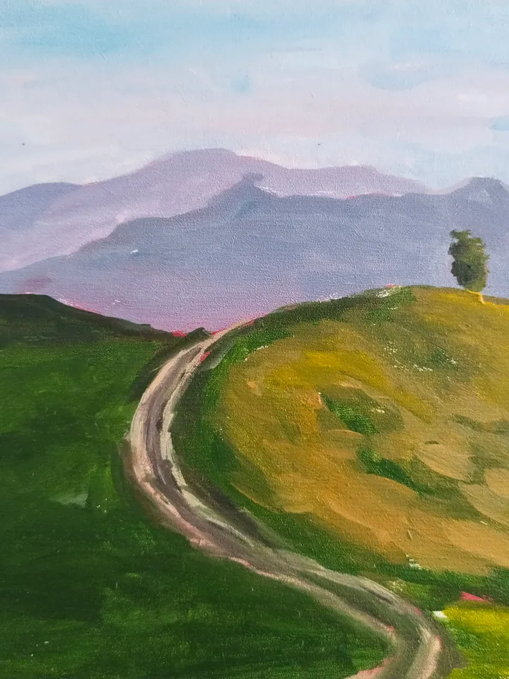 Landscape oil painting Green hills with horse Wallart on panel