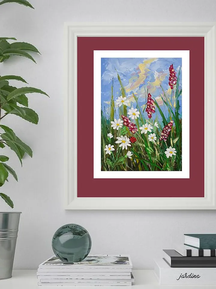 Daisy Painting Bluebonnet Original Art Wildflower Wall Art Ladybug Art Meadow