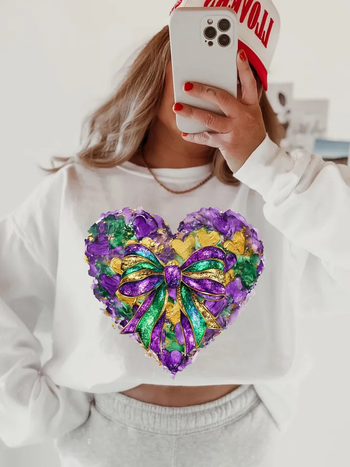 Mardi Gras Bow Sublimation PNG Coquette Bow Mardi Gras Shirt Mardi Beads Louisiana Festival Shirt New Orleans Carnival Glitter Bow Shirt