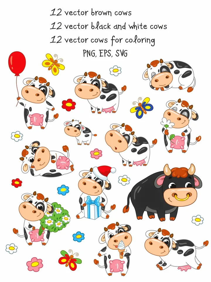 Vector set with cute cartoon cows