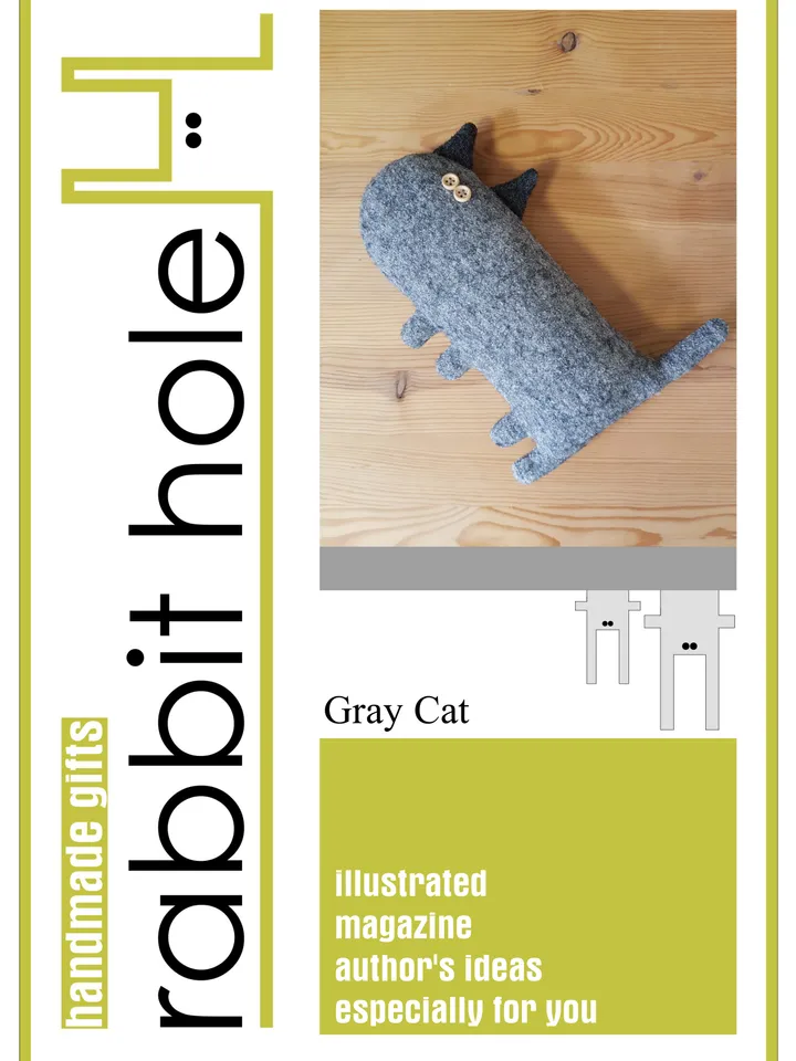 Grey cat sewing pattern PDF, digital tutorial in english, stuffed animal sewing diy