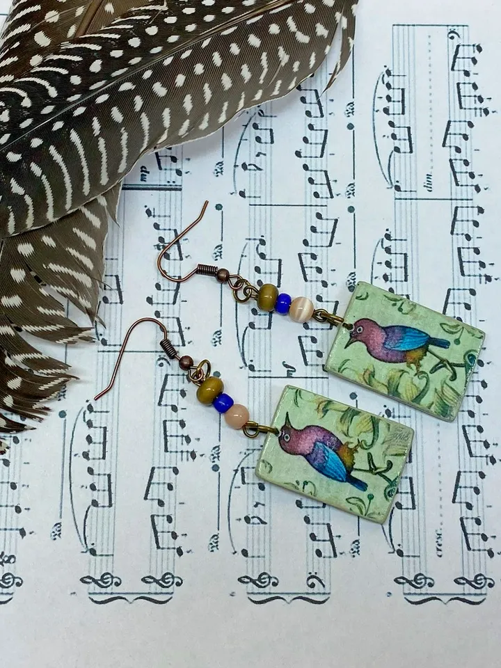 Vintage handmade earrings. Earrings with images of birds.
