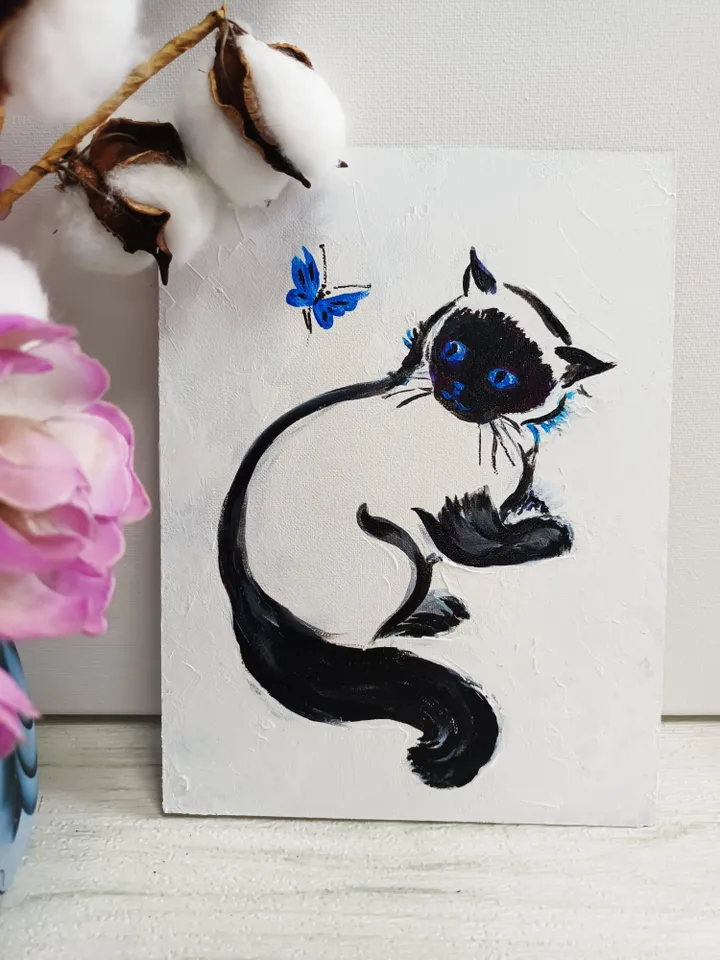 Painting with a kitten and a butterfly. Painting on cardboard 6" x 8". Acrylic. Author's painting.
