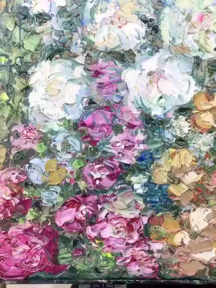 Flower garden,original oil impasto painting on canvas,floral landscape painting,pink white flowers painting on large canvas,wall decoration