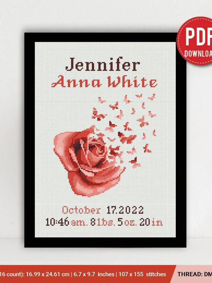 Rose Birth announcement cross stitch pattern, baby, personalized, boy girl nursery decor, counted, chart, gift DIY, embroidery, instant PDF