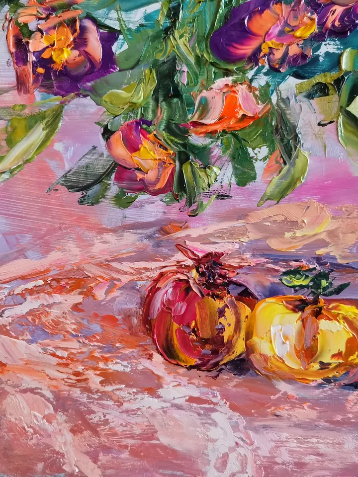 Pomegranate Flowers Apple Impasto Fruits Oil Painting Original Artist Svinar Oksana