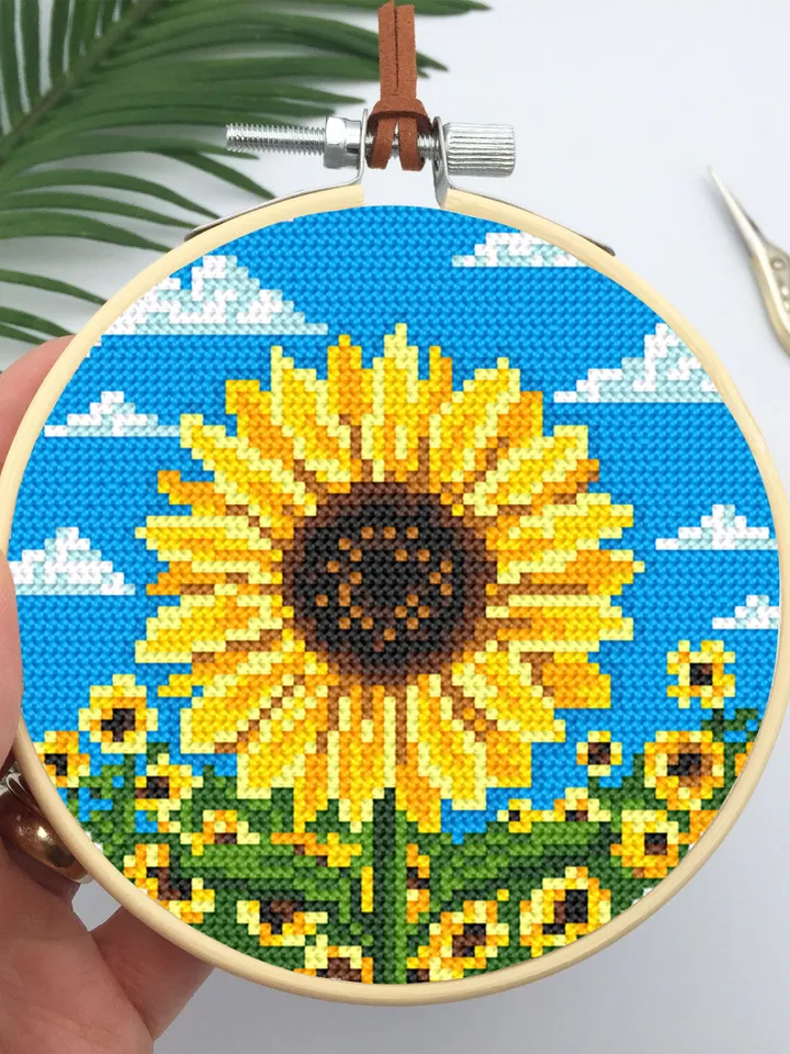 Sunflower cross stitch pattern download PDF, Yellow flowers cross stitch chart, Ukraine sunflower embroidery PDF, Easy beginner stitch #P33